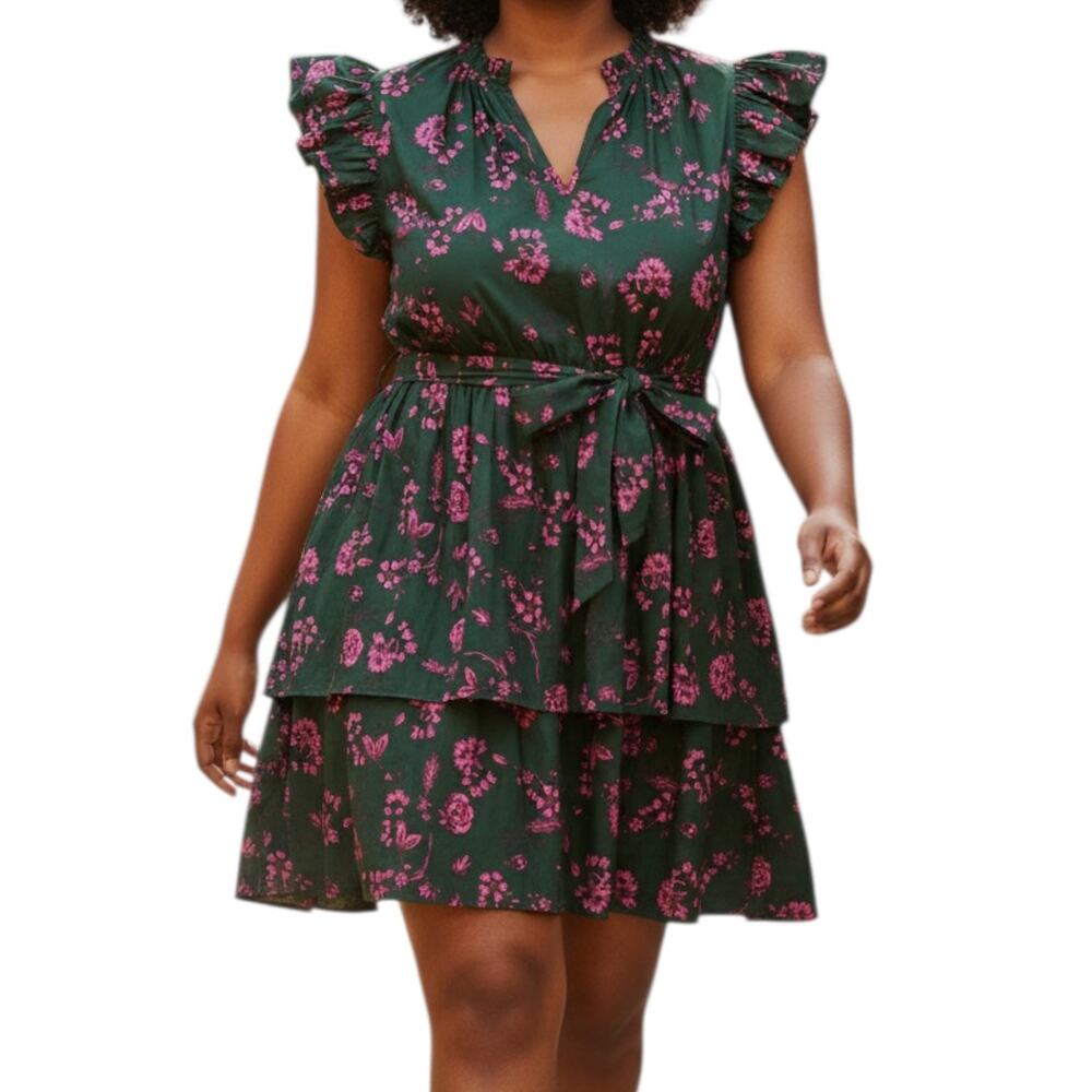 Sugarlips Close to You Marisol Tiered Mini Dress Forest Green Pink Floral 2X